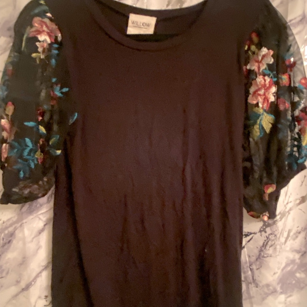 Willow Black Blouse with floral mesh sleeves
